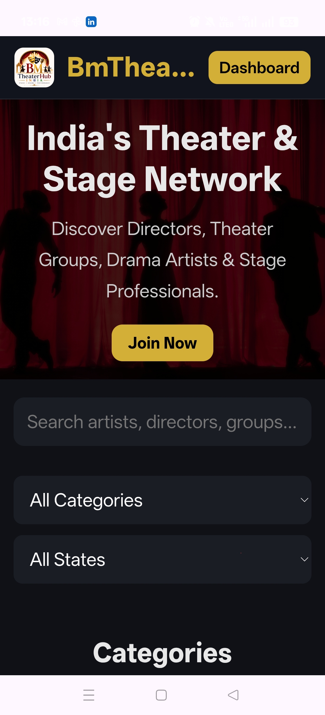BmTheaterHub Mobile Home Screen